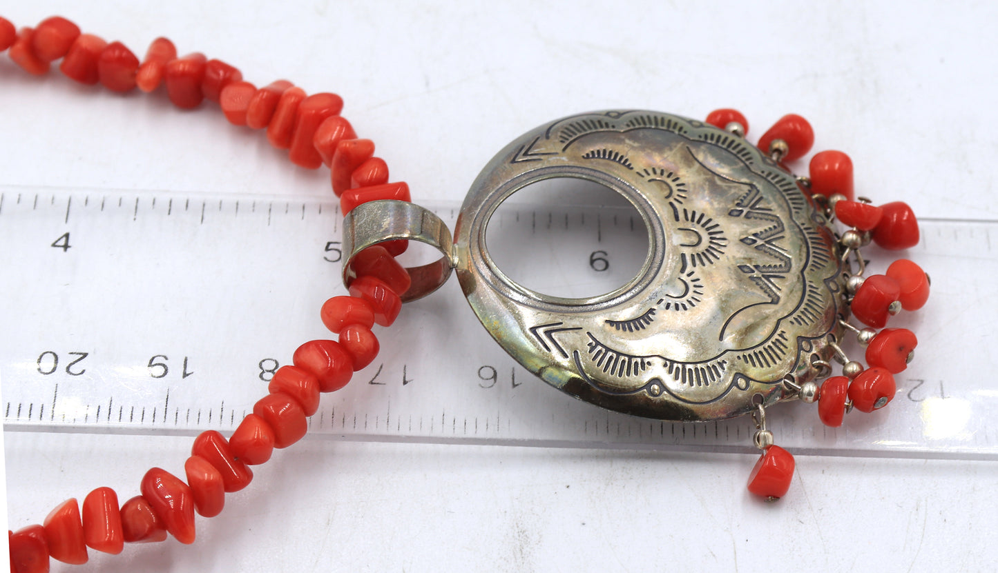 Set of Coral pendant on beaded necklace and matching dangle earrings