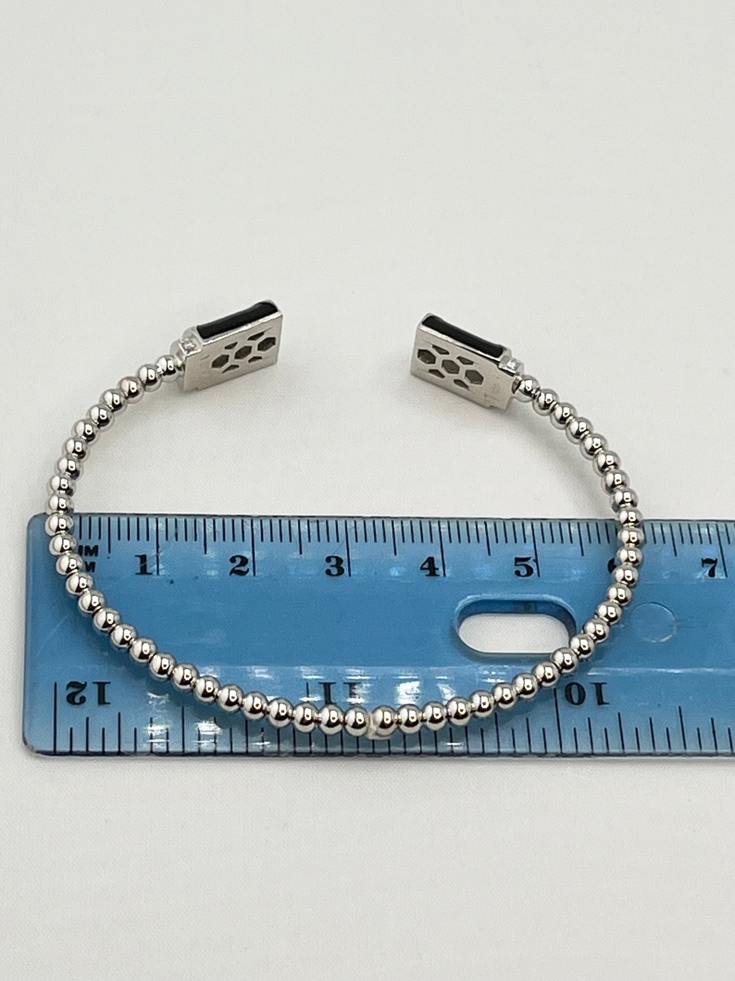 925 Sterling Silver Beaded Bar Black Onyx and Crystal Open Bangle