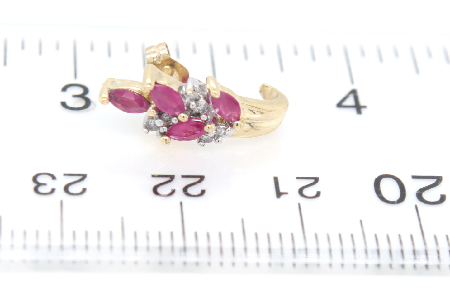 14kt Yellow gold Marquise ruby and diamond leaf J earrings