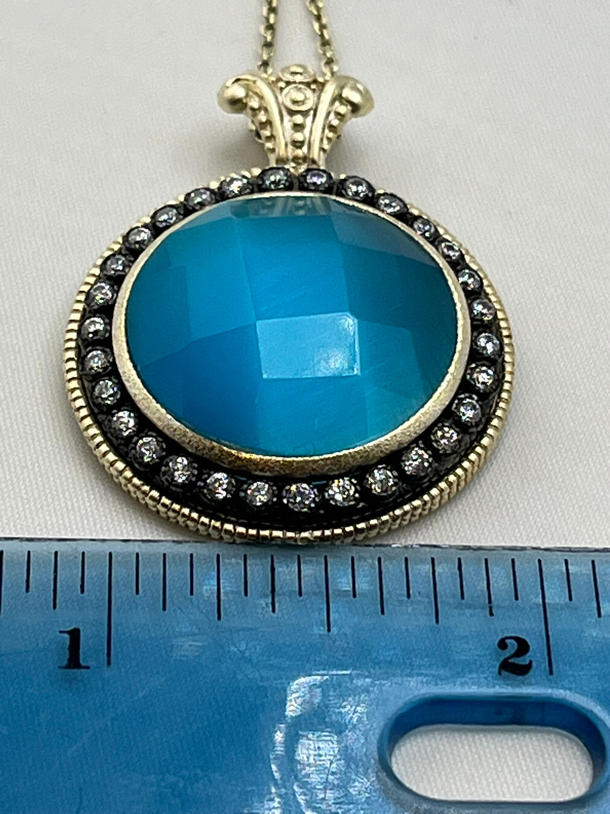 925 Sterling Silver Round Blue Pendant With Crystal Pave Details and Chain