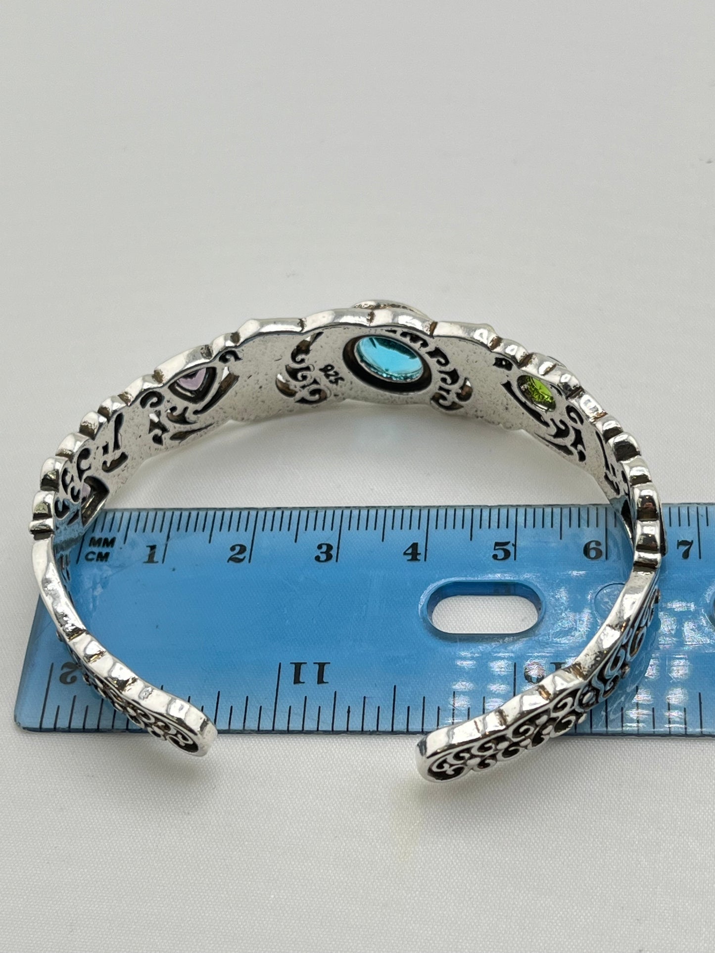 925 Sterling Silver Filigree Design Multi Volor Gemstone Cuff Bracelet