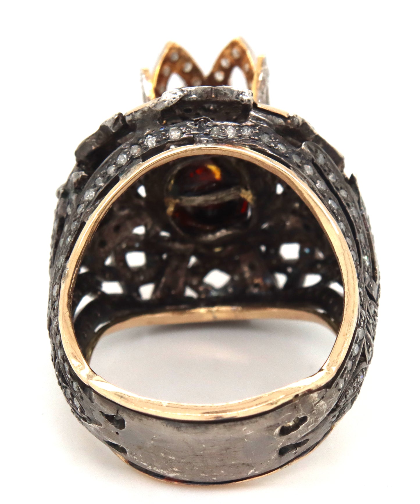 Gent's carved stone skull silver and 10kt gold diamond ring