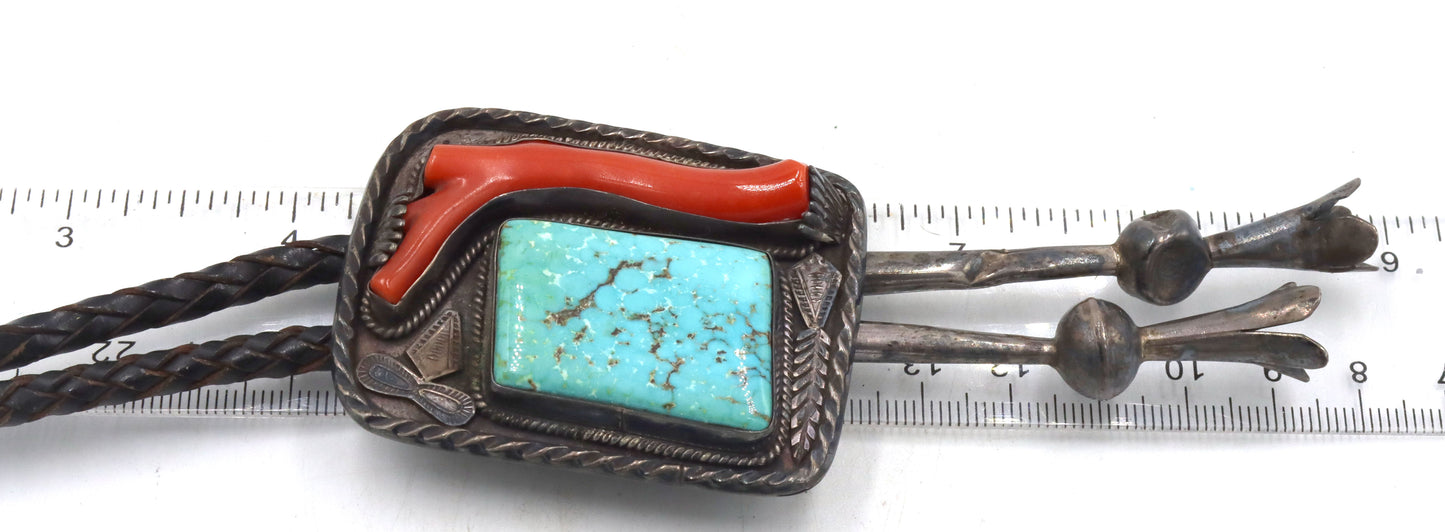 Vintage 925 sterling silver turquoise and coral Bolo tie