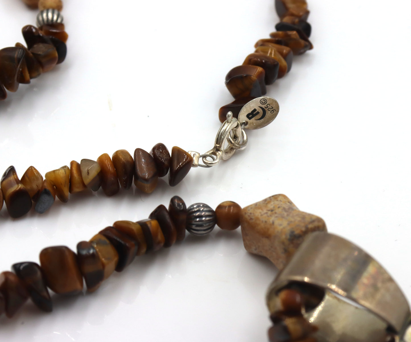 925 Sterling silver tiger eye pendant on beaded tiger eye necklace