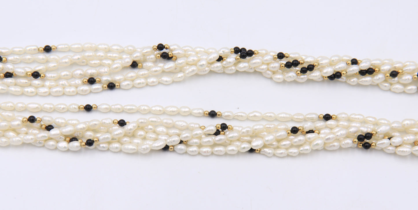 Black Onyx and Gold Ball Twisted Long Pearl Necklace
