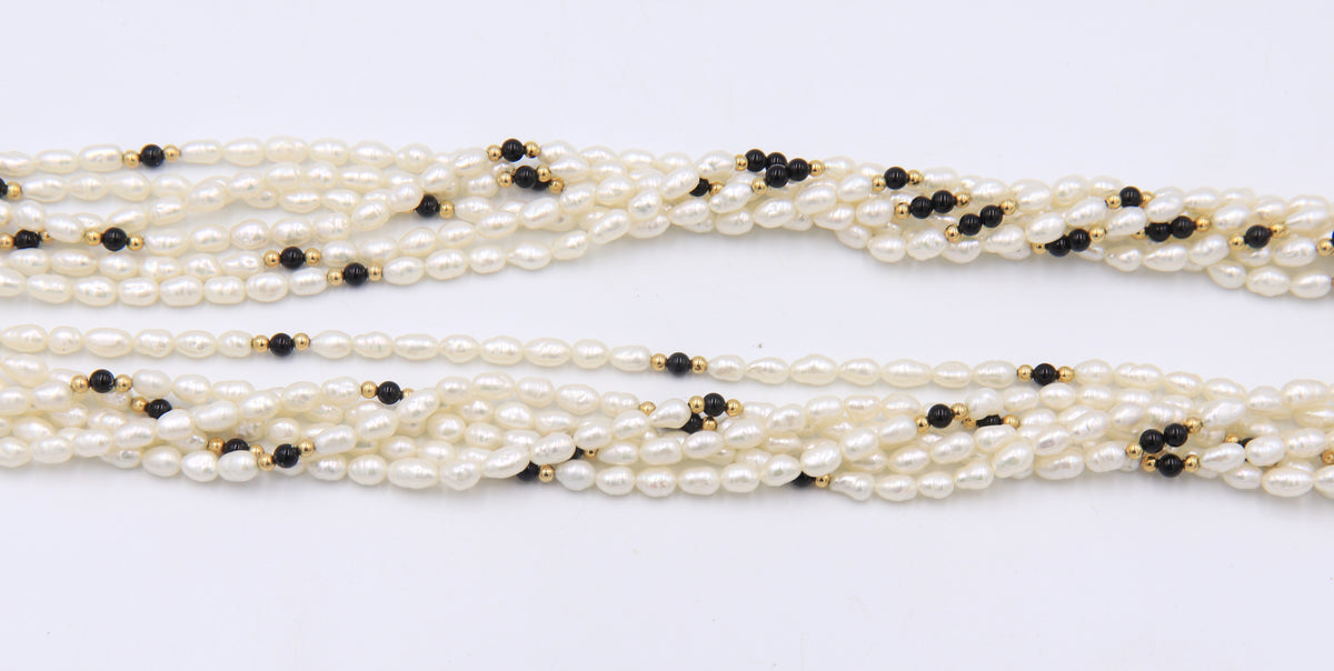 Black Onyx and Gold Ball Twisted Long Pearl Necklace