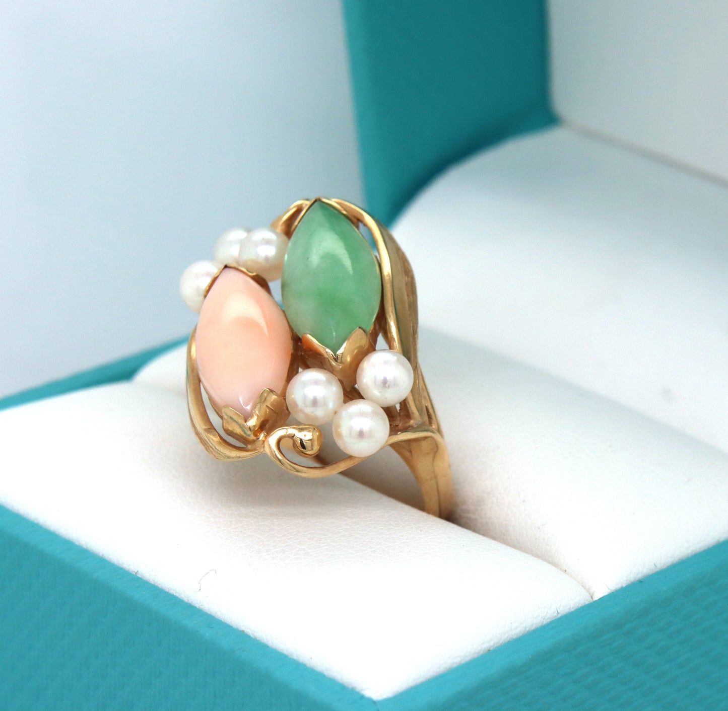 14kt Yellow gold Coral, Jade and pearl ring