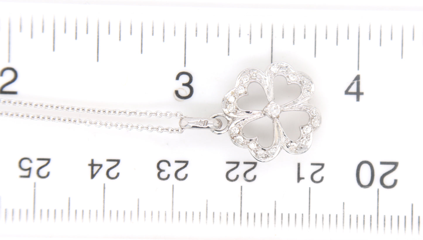 18kt White gold diamond heart clover charm pendant on chain