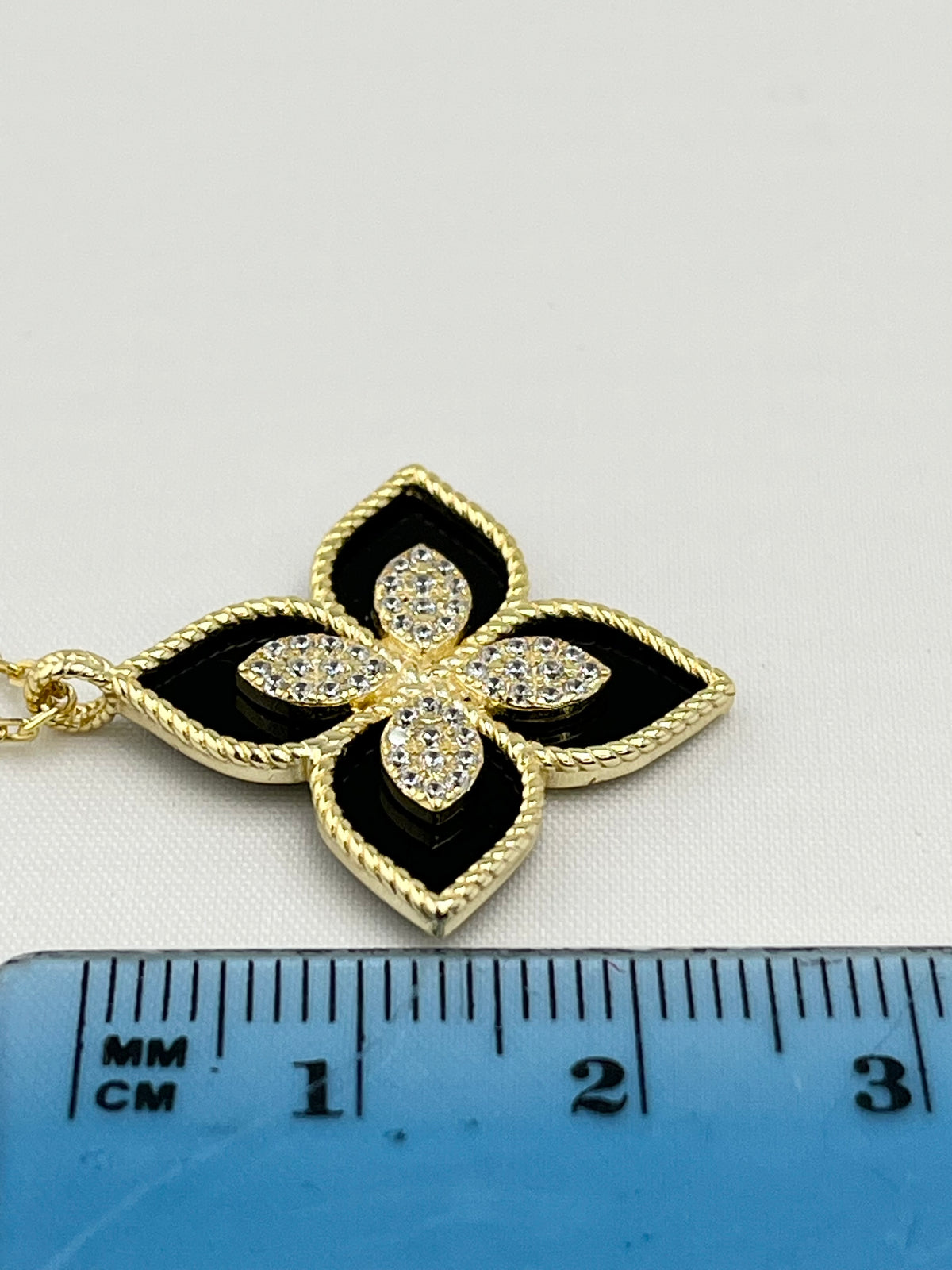 925 Sterling Silver Gold Tone Flower Princess Black Onyx With Crystal Accent Pendant