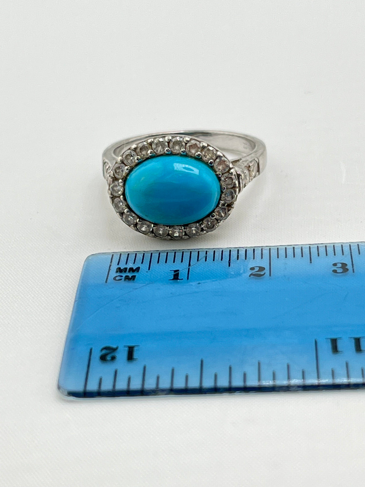 925 Sterling Silver Oval Turquoise With CZ Halo Ring