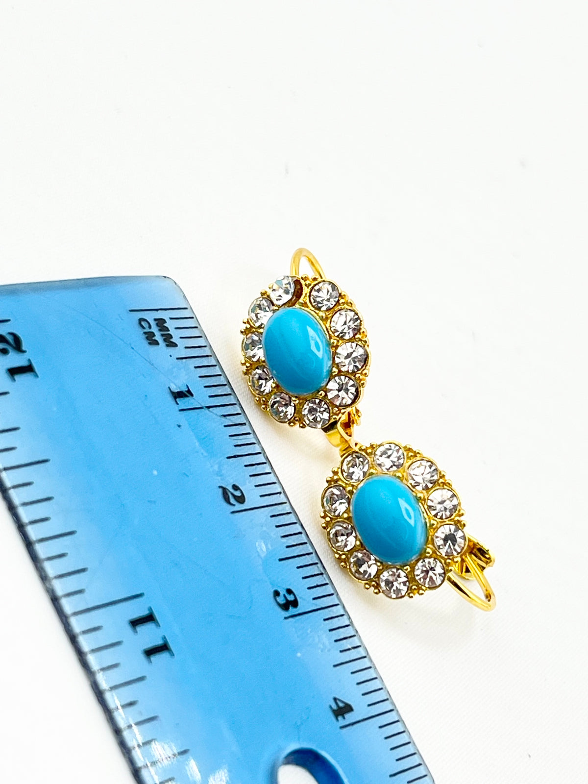 925 Gold Tone Sterling Silver Turquoise Color Stone With Halo Rhinestones Earriungs