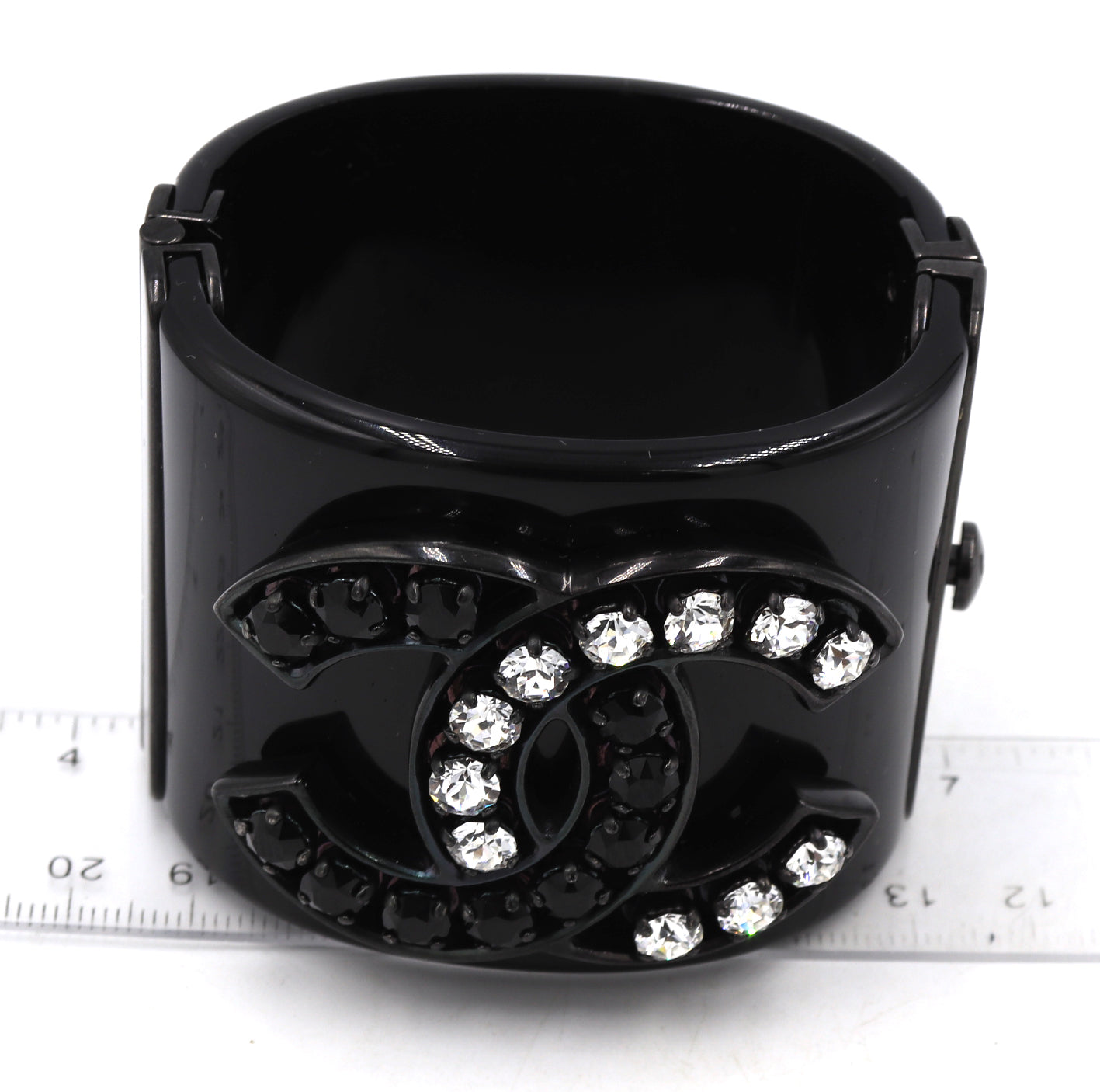 Chanel black Resin crystal CC wide cuff bracelet