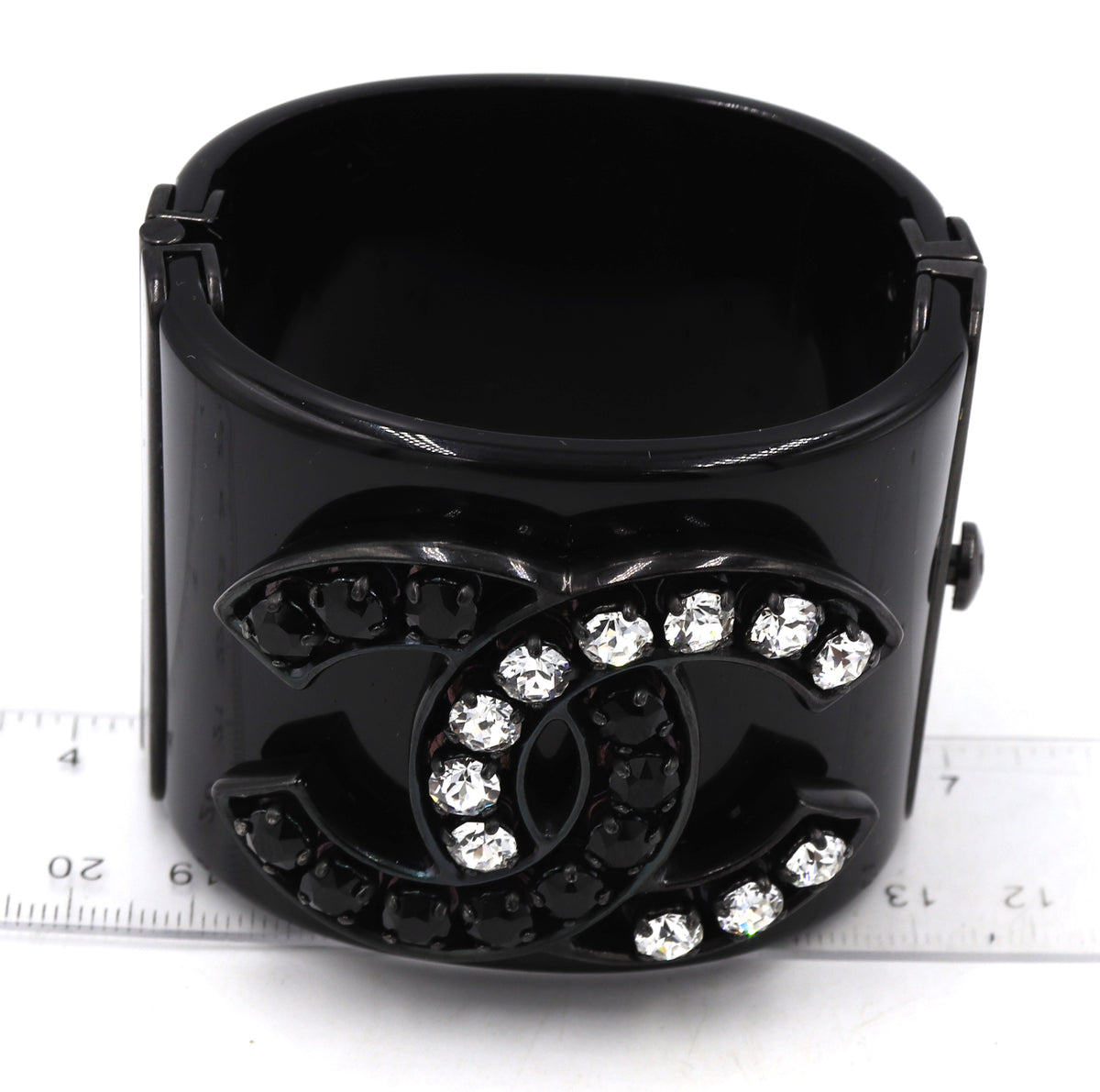 Chanel black Resin crystal CC wide cuff bracelet
