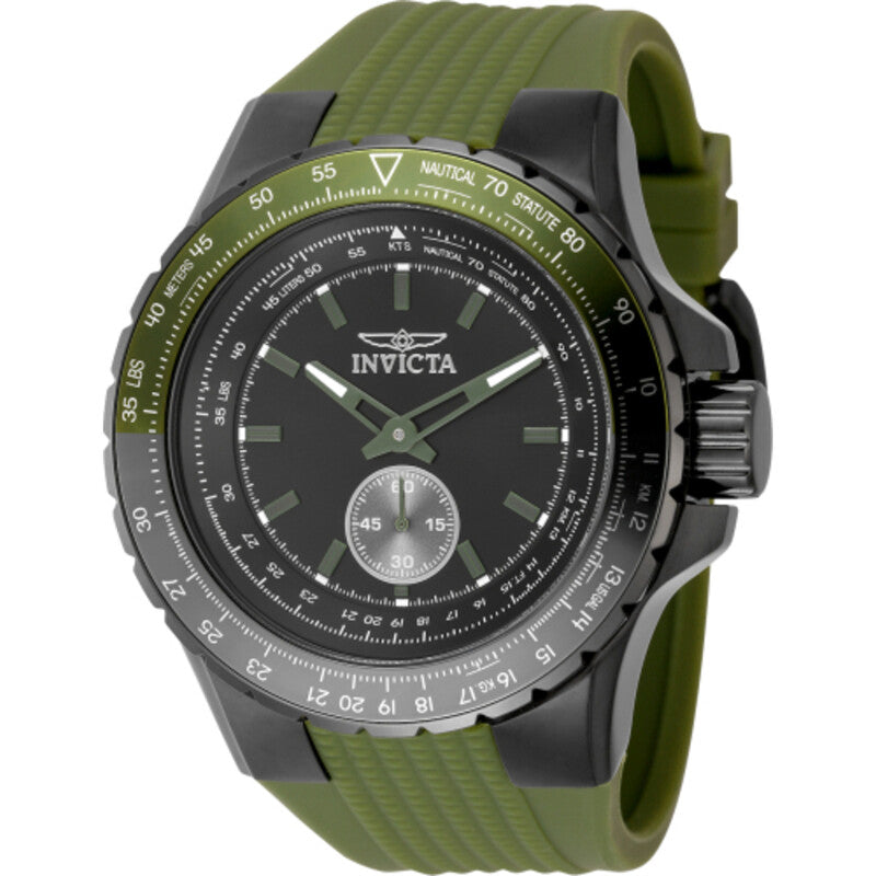 Invicta Aviator Mens Quartz Watch Black Dial Green Silicone Strap 50 mm