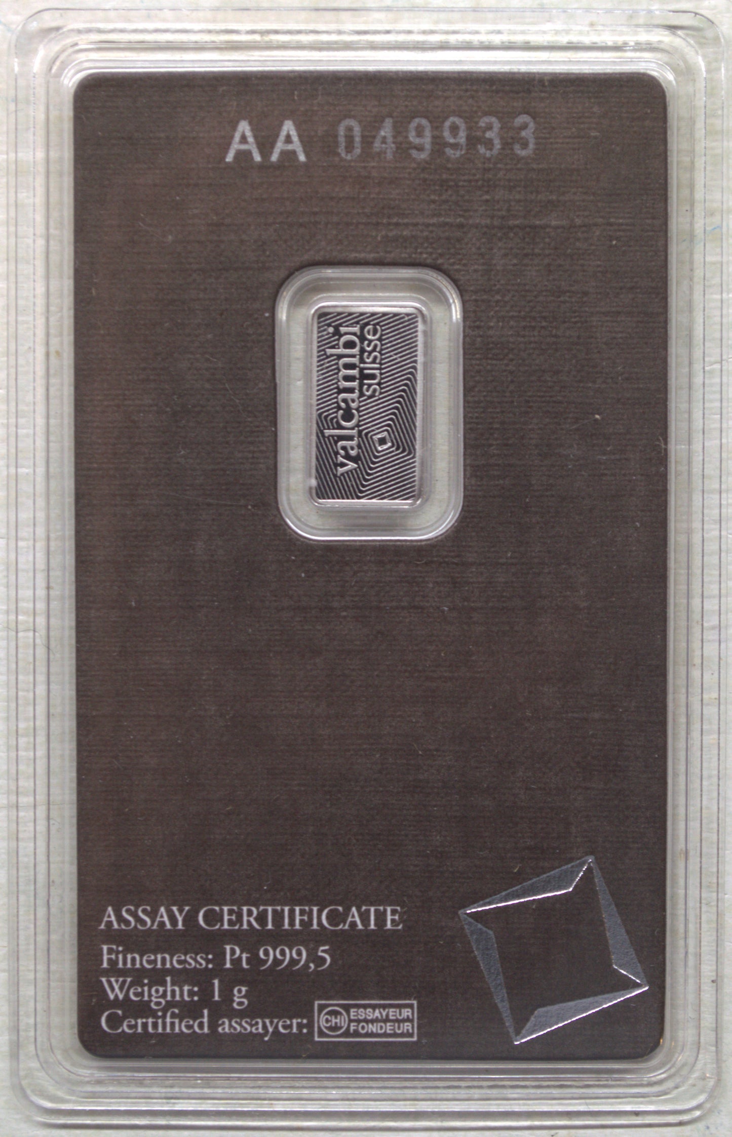 Valcambi Suisse 1 Gram Platinum Bar .9995 Fine in Sealed Assay Card
