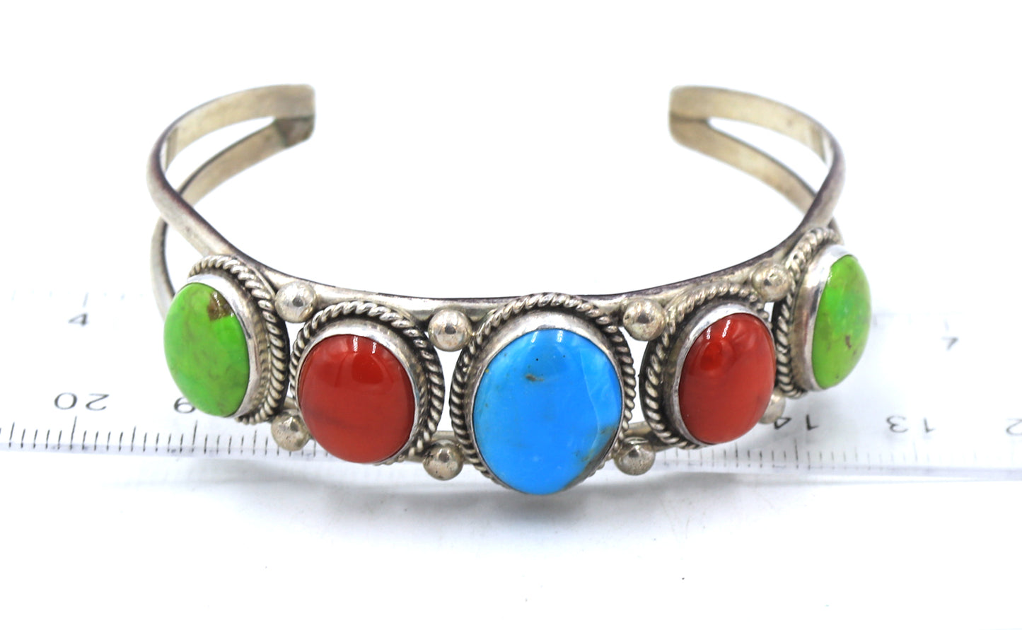 Vintage 925 sterling silver turquoise and coral cuff bangle