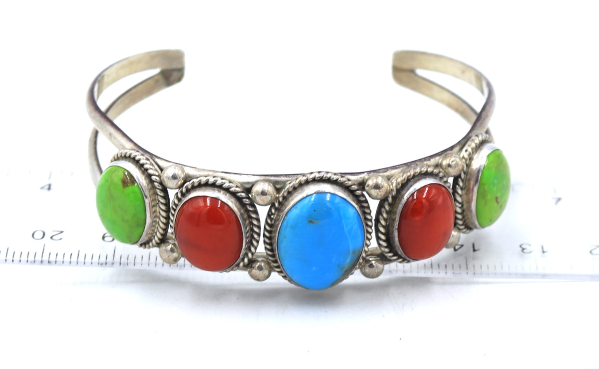 Vintage 925 sterling silver turquoise and coral cuff bangle