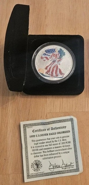 1999 Colorized American Silver Eagle $1 Coin with Box and COA 1 oz .999 Fine Silver