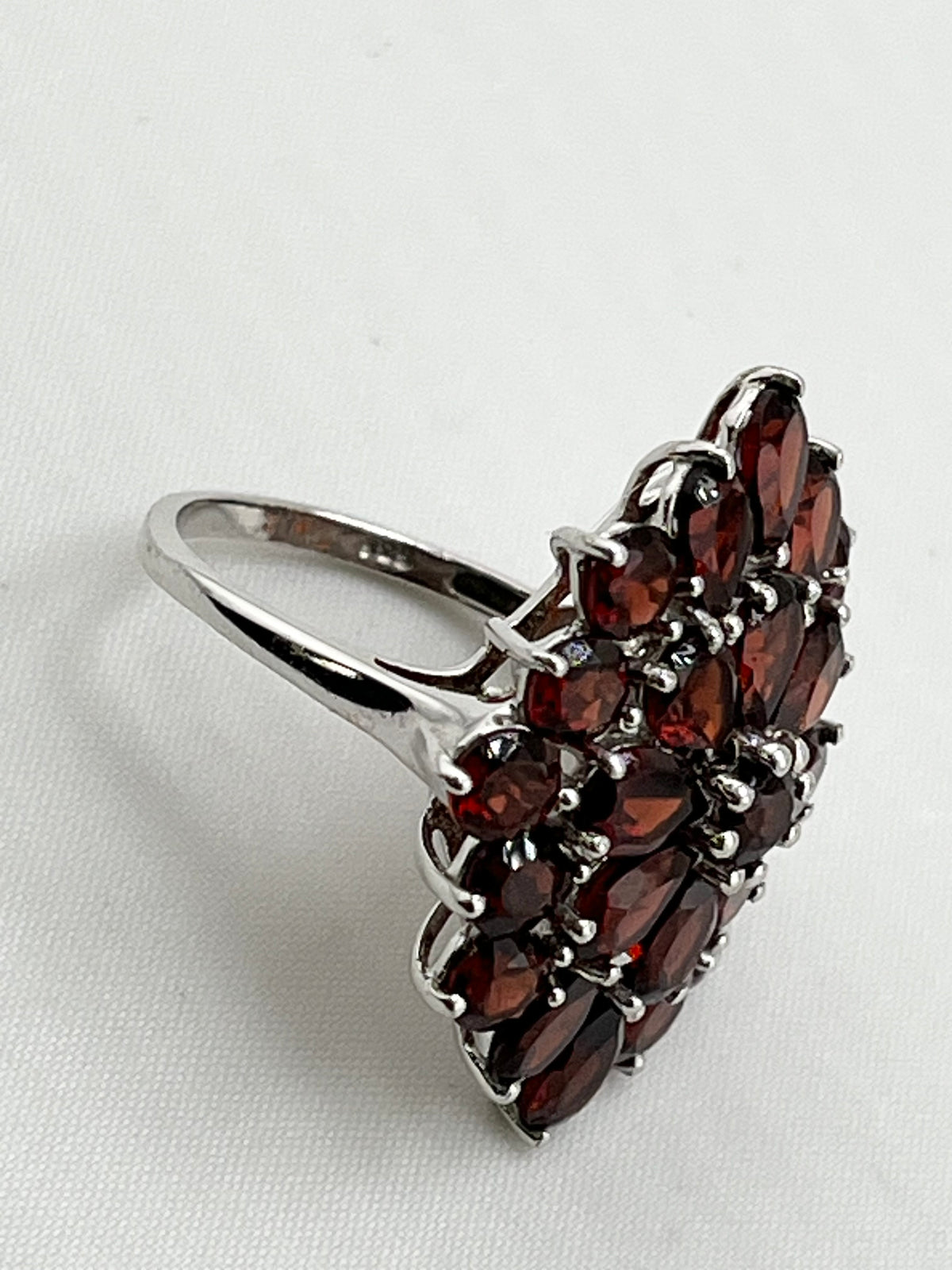 925 Sterling Silver Floral Spray Design Cluster Garnet Ring