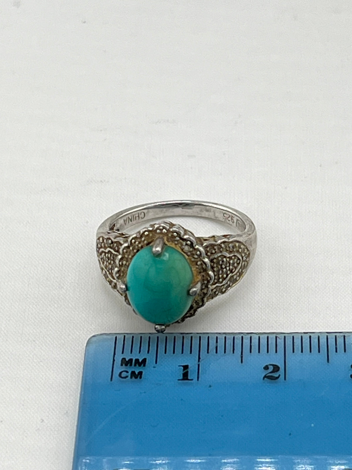 925 Sterling Silver Vintage Turquoise With Decorative Metalwork Ring