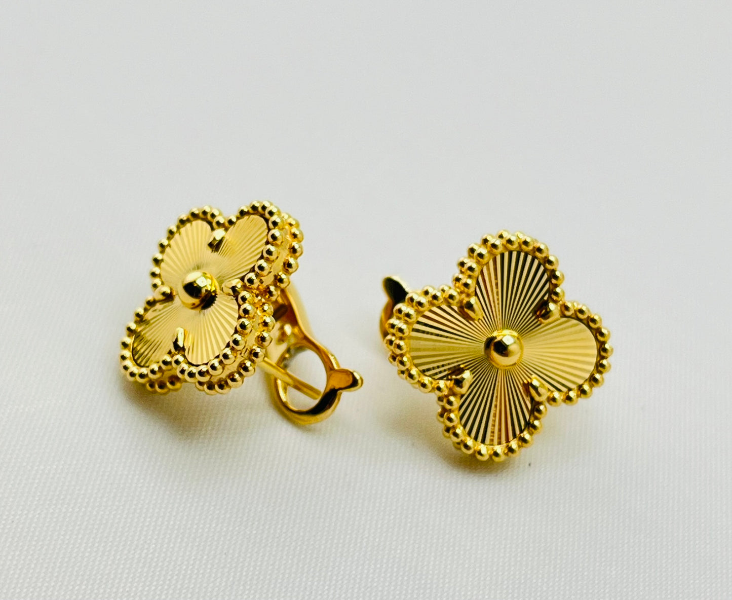 18KT Yellow Gold Guilloché Pattern Post & Clip Earrings 6.2 Grams, Handcrafted Design