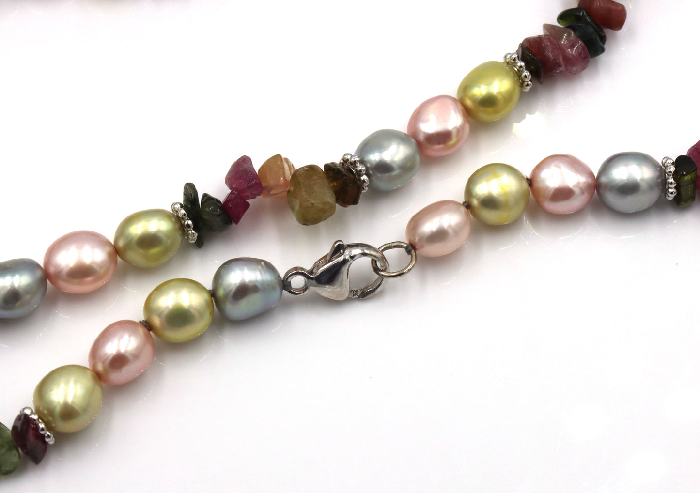 Multi color pearl strand necklace with silver clasp