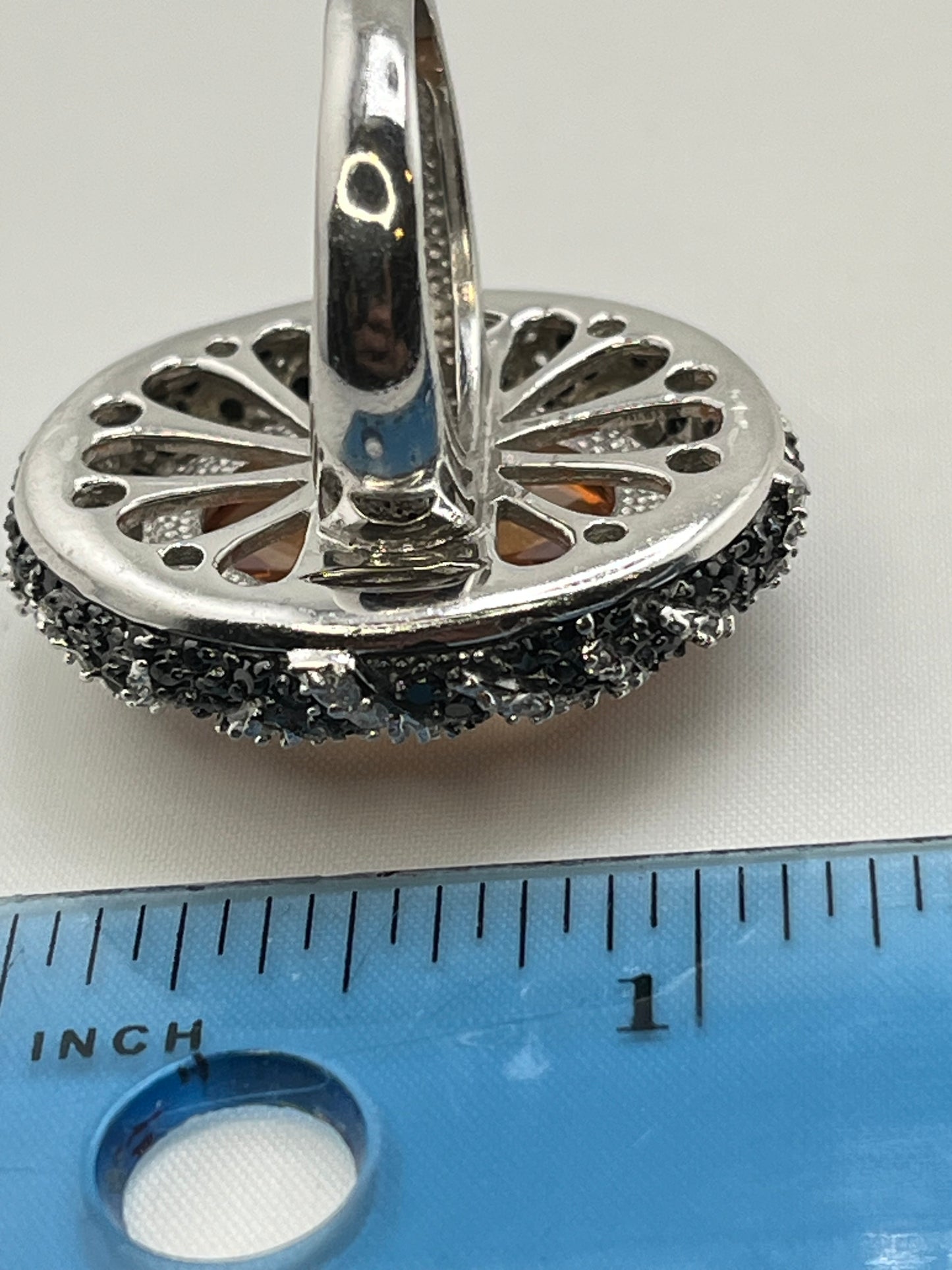 925 Sterling Silver Large Oval Amber Color Stone With Halo And Intricate Black and White Crystal Pav