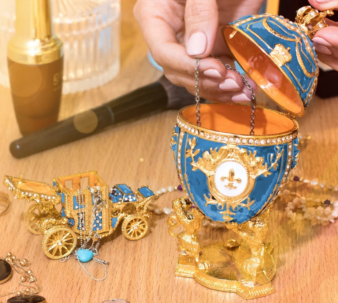 Royal Imperial Aqua Russian Fabergé Egg Replica with Aqua Carriage