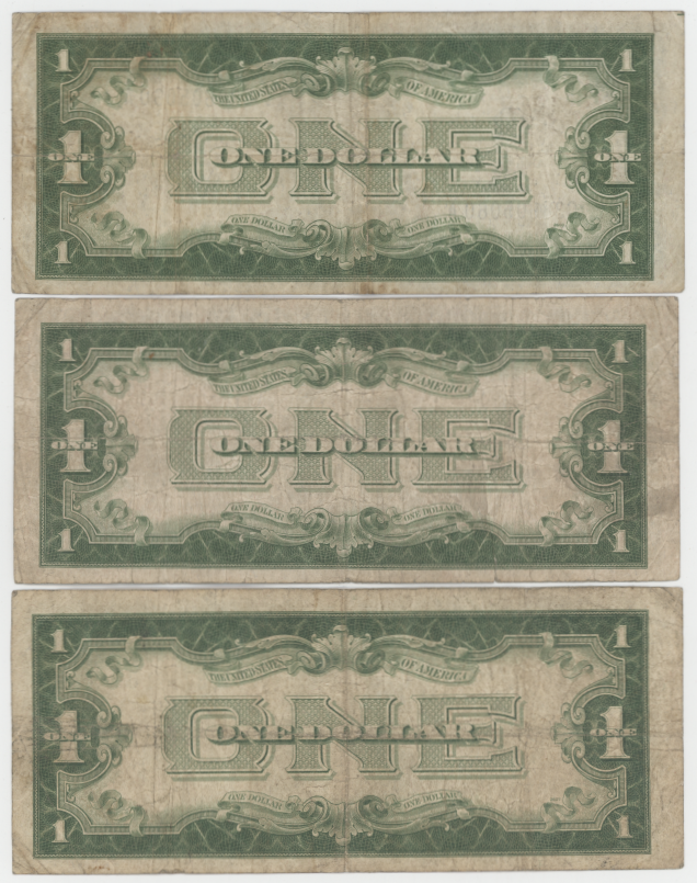 Lot of Three $1 Silver Certificates (2 1934 and 1 1957 Series) U.S. Small Size Notes