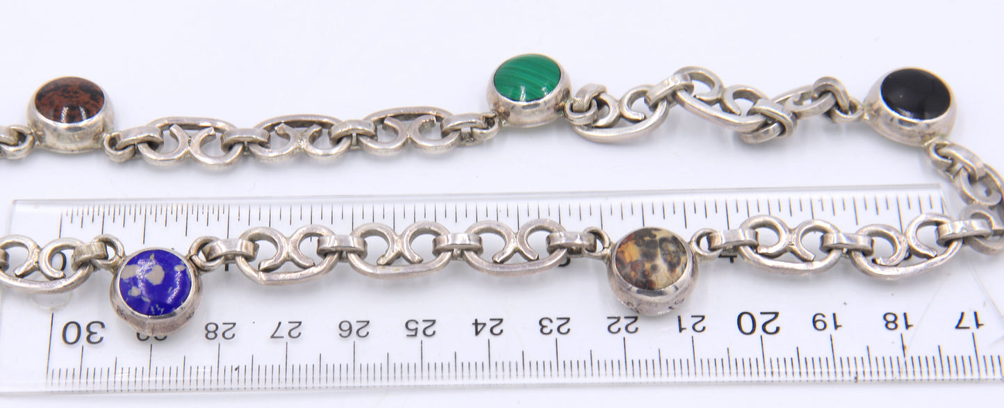 Vintage 925 sterling silver Mexico black onyx, malachite, jasper and lapis necklace