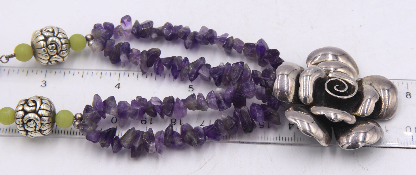 Vintage 925 sterling silver signed Flower pendant on Amethyst beaded necklace