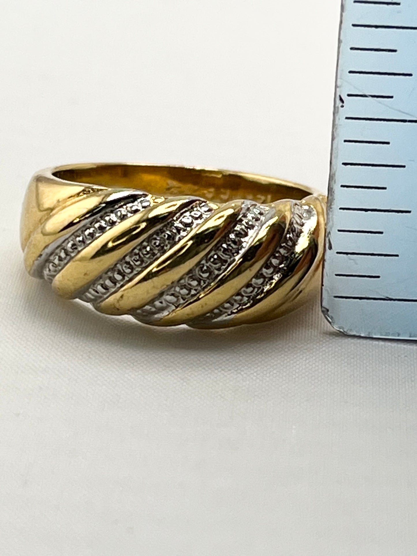 14KT Yellow Gold Two Tone Dome Twisted Braided Design With Rows Of Diamond Accent Ring