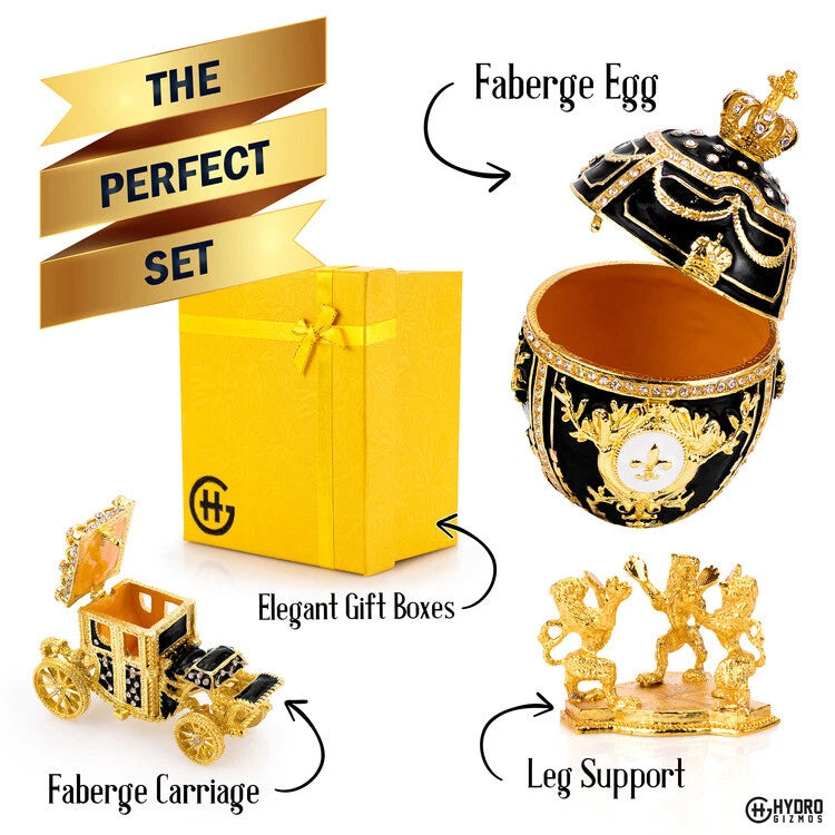Royal Imperial Black Russian Fabergé Egg Replica with Black Carriage