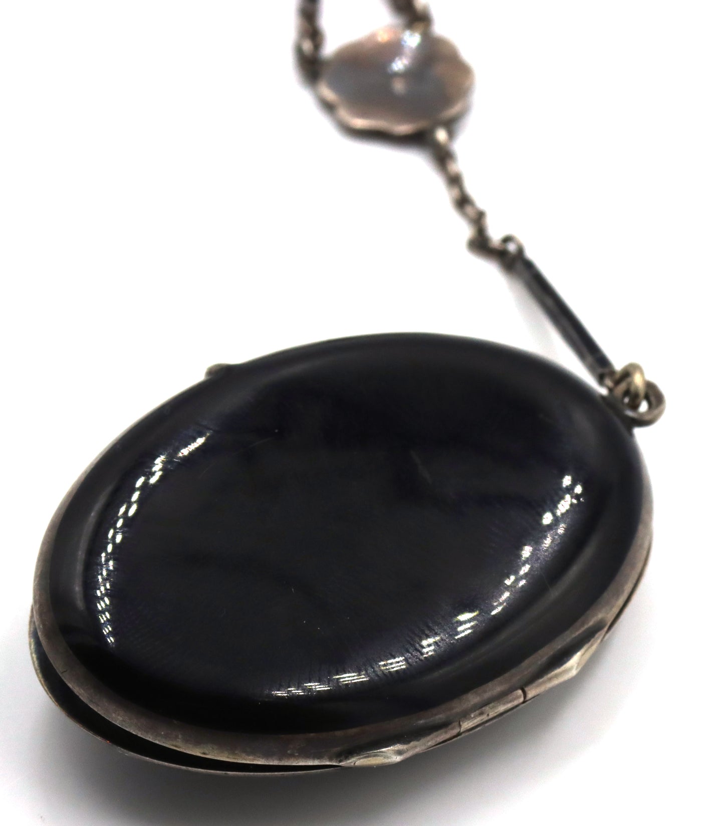 Vintage 925 sterling silver black onyx photo locket pendant lariat necklace