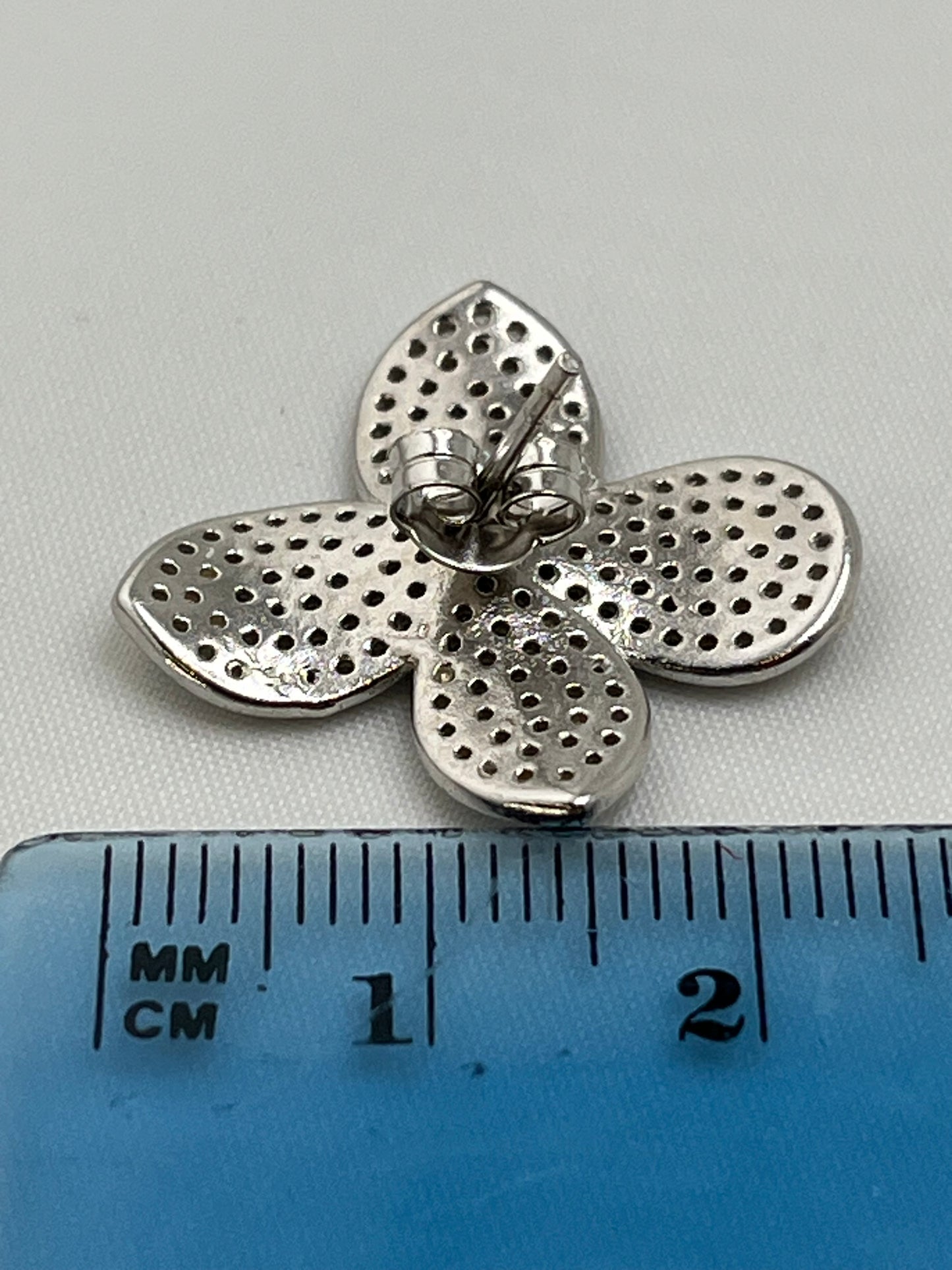 925 Sterling Silver Crystal Pave Four Petal Floral Motif Earrings