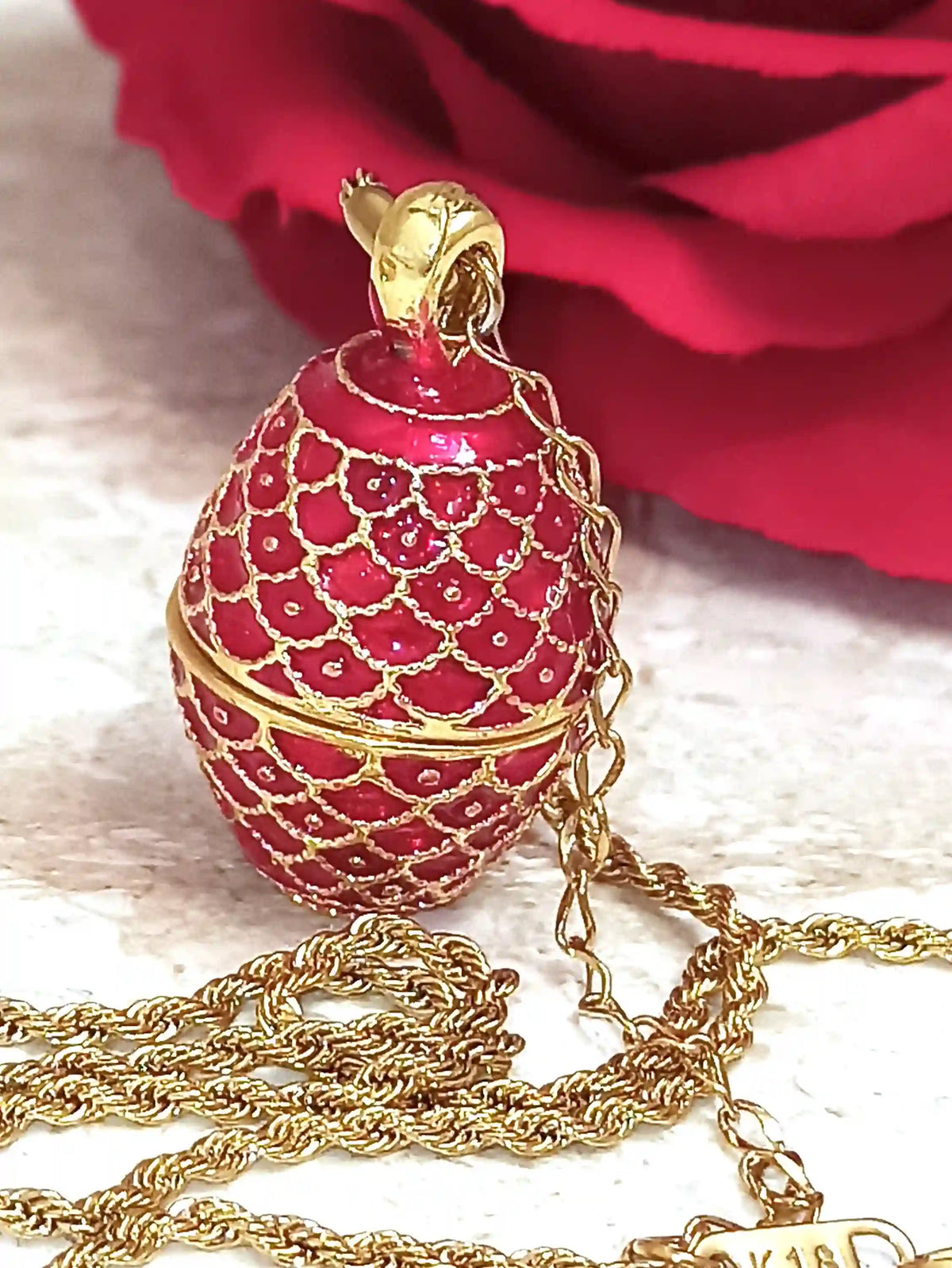 Red Guilloché Sterling Silver Egg Pendant & Bracelet Set with 24K Gold Accents