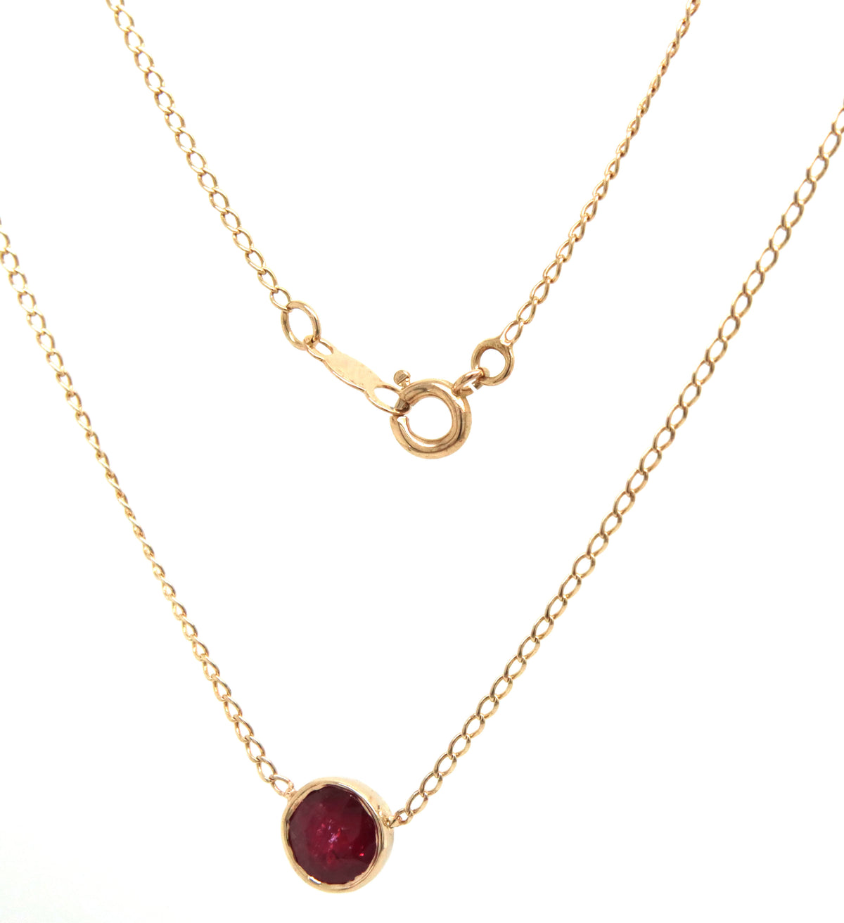 14kt Yellow gold 1.20ct bezel set Ruby solitaire necklace