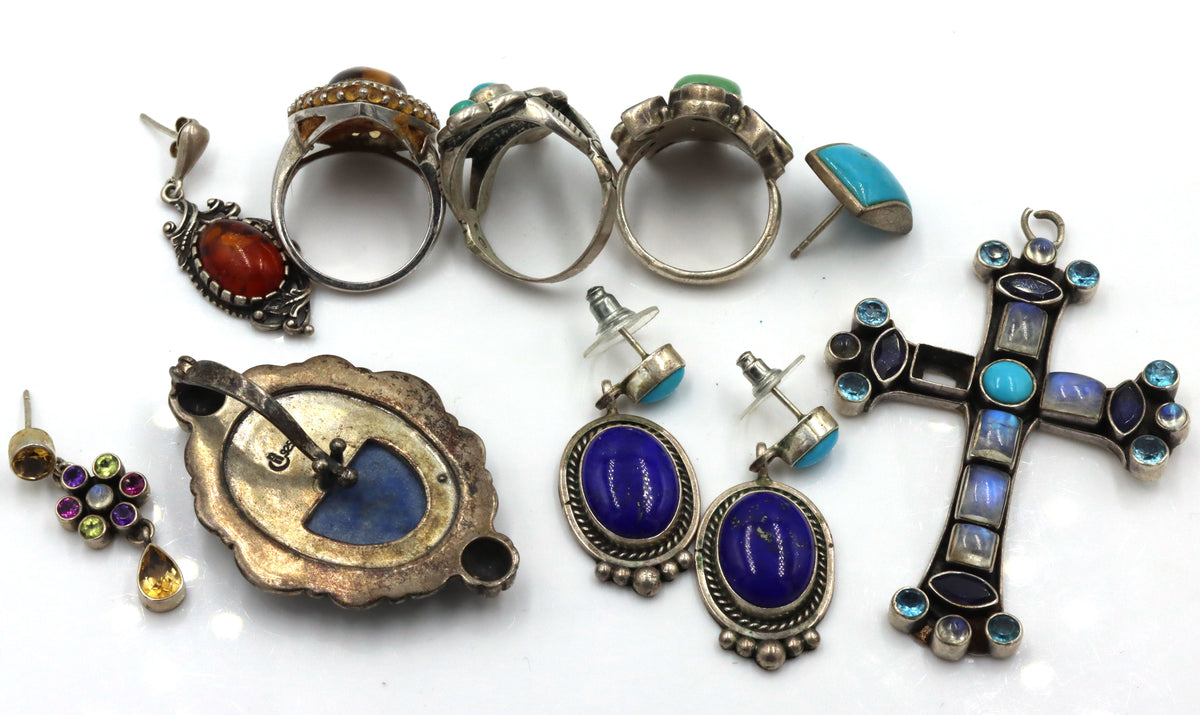 Group lot of Vintage 925 sterling silver lapis and turquoise mixed jewelry