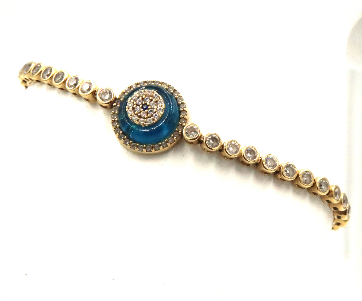 14KT Yellow Gold Blue Evil Eye CZ Tennis Bracelet