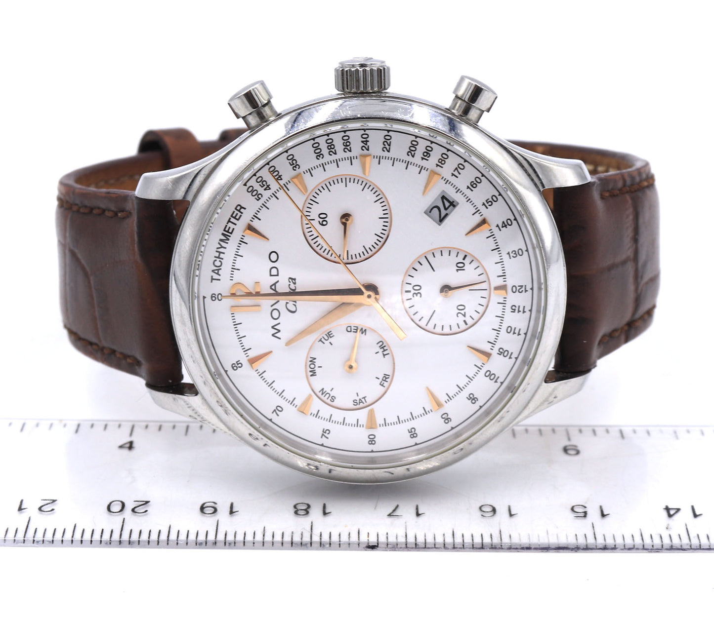 Movado Circa white dial watch with brown leather strap