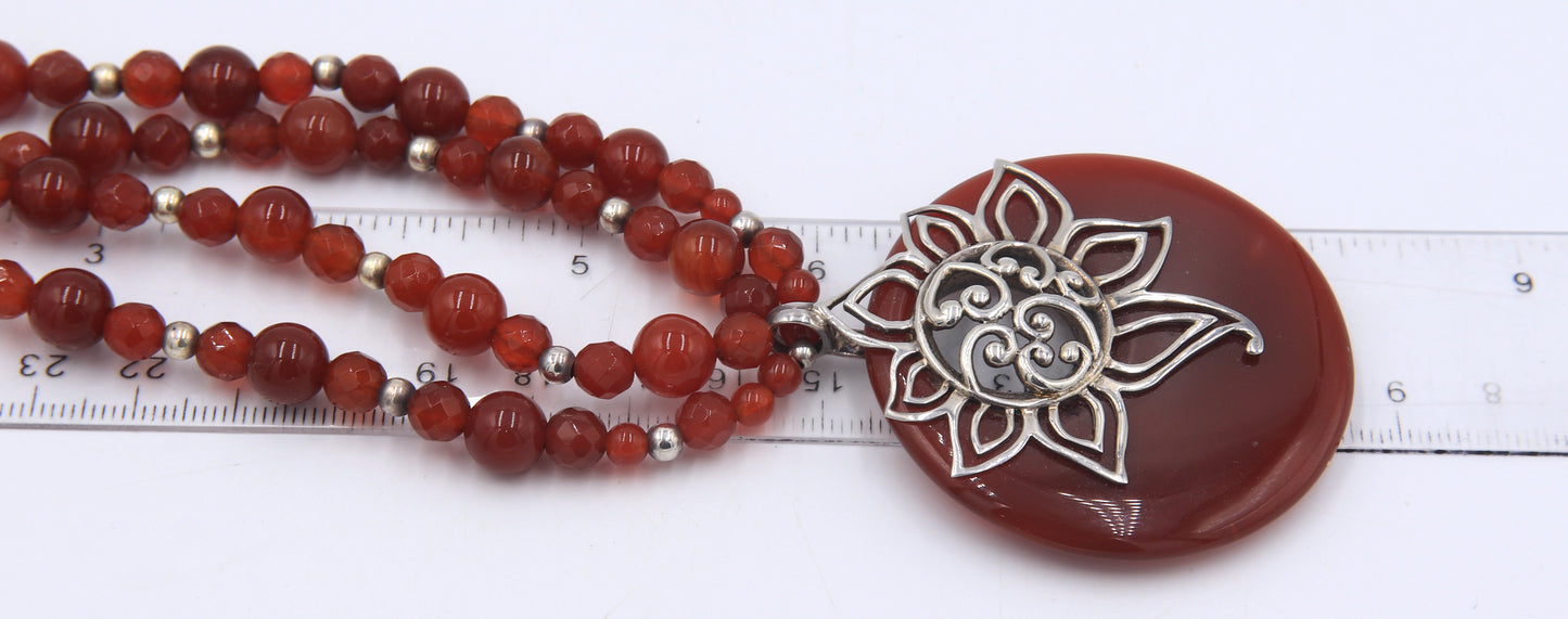 925 Sterling silver red Agate circle pendant on 2 row beads necklace