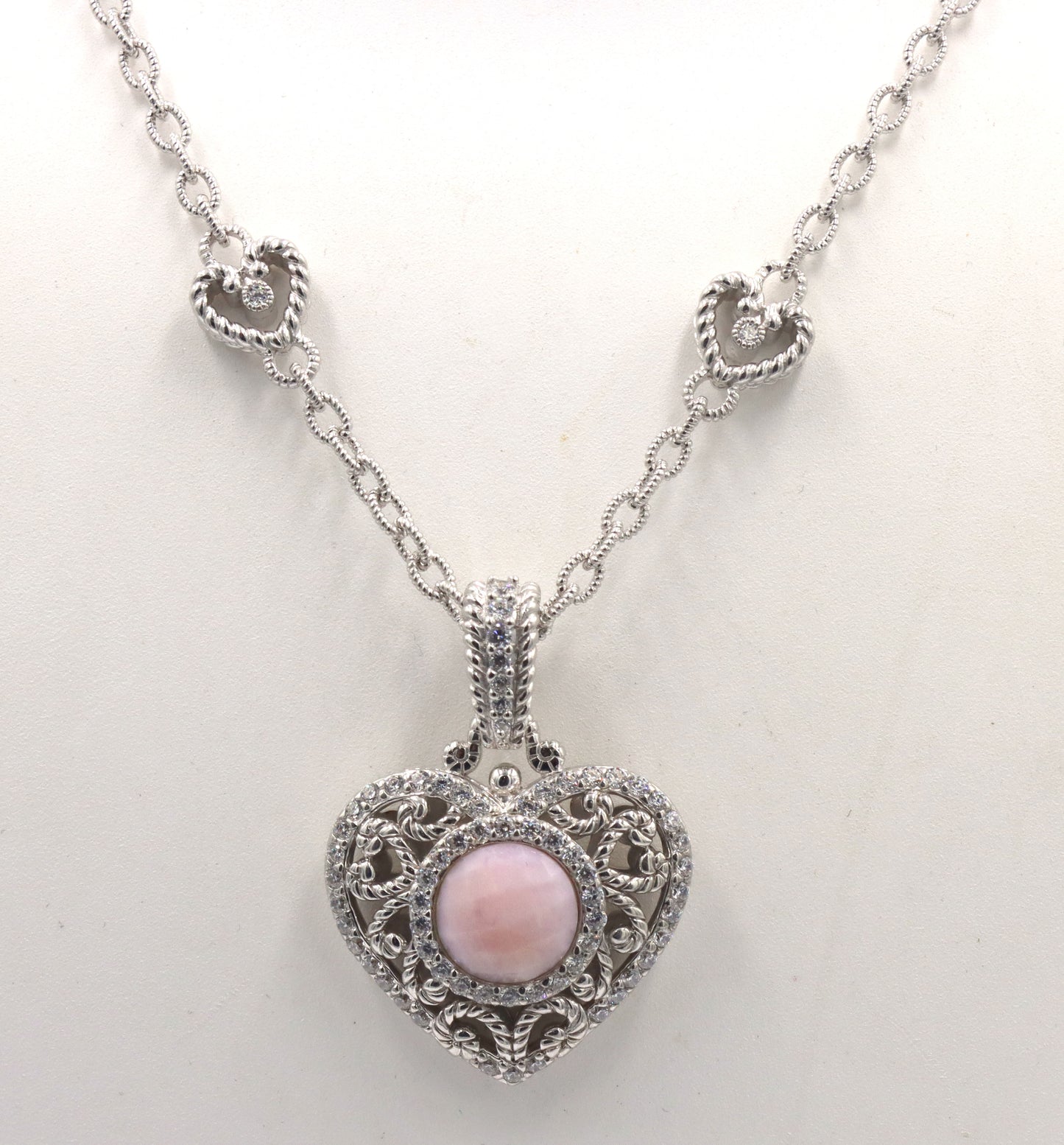 Judith Ripka silver heart station necklace with pink quartz heart enhancer