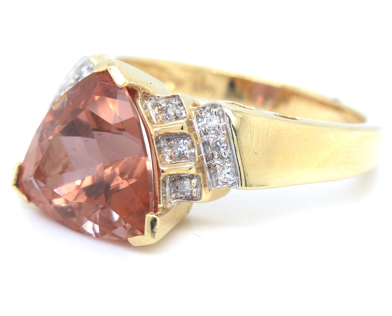 14kt Yellow gold Triangle pink topaz and diamond ring