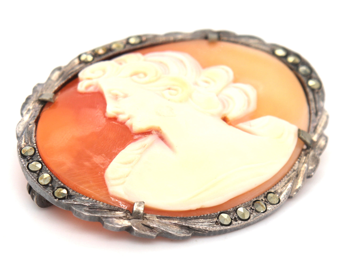 925 Sterling silver Carved shell Cameo pendant brooch with Marcasite