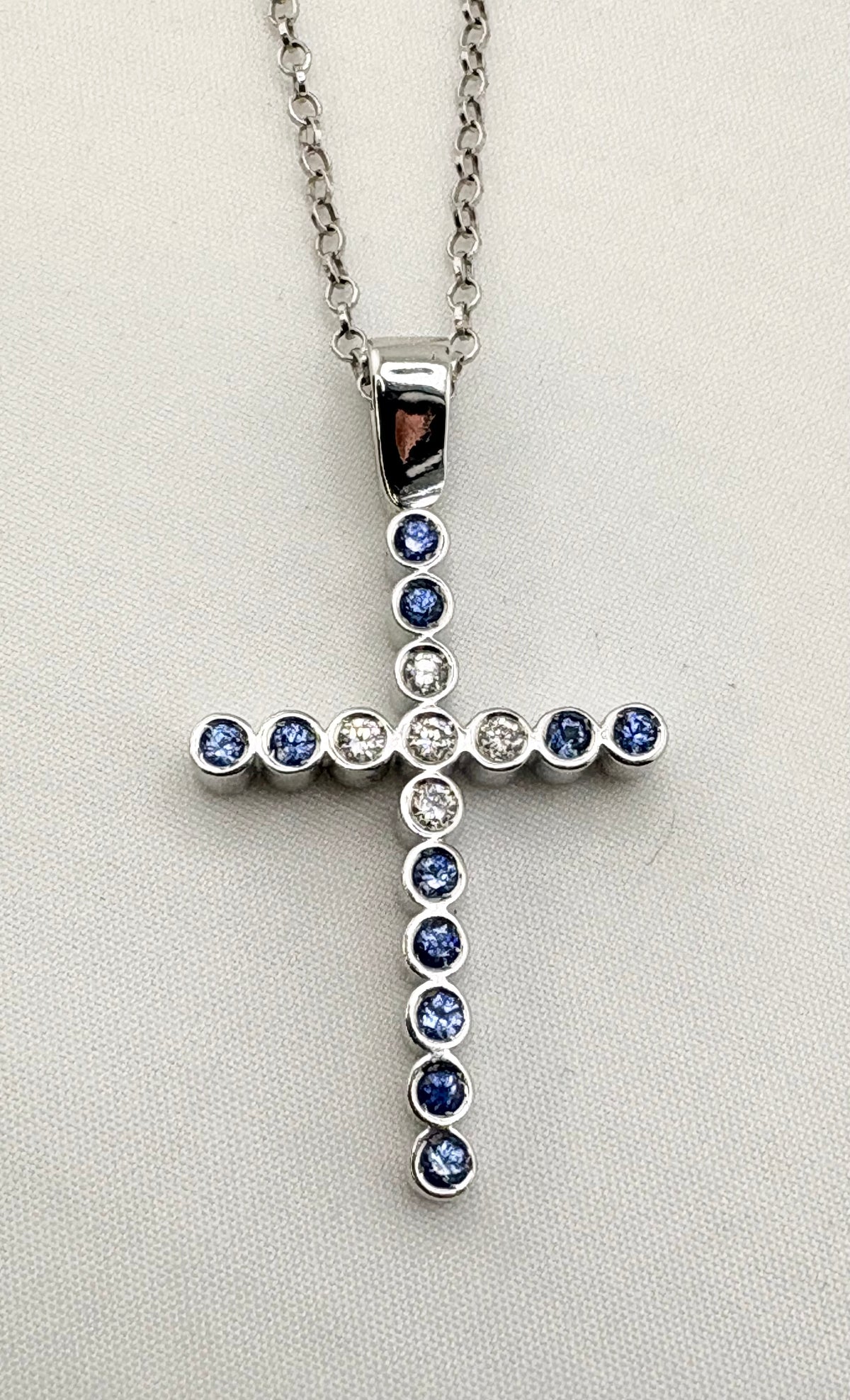 14KT White Gold Bezel Set Natural Diamond And Blue Sapphires  With Cable Style Italian Chain Necklac
