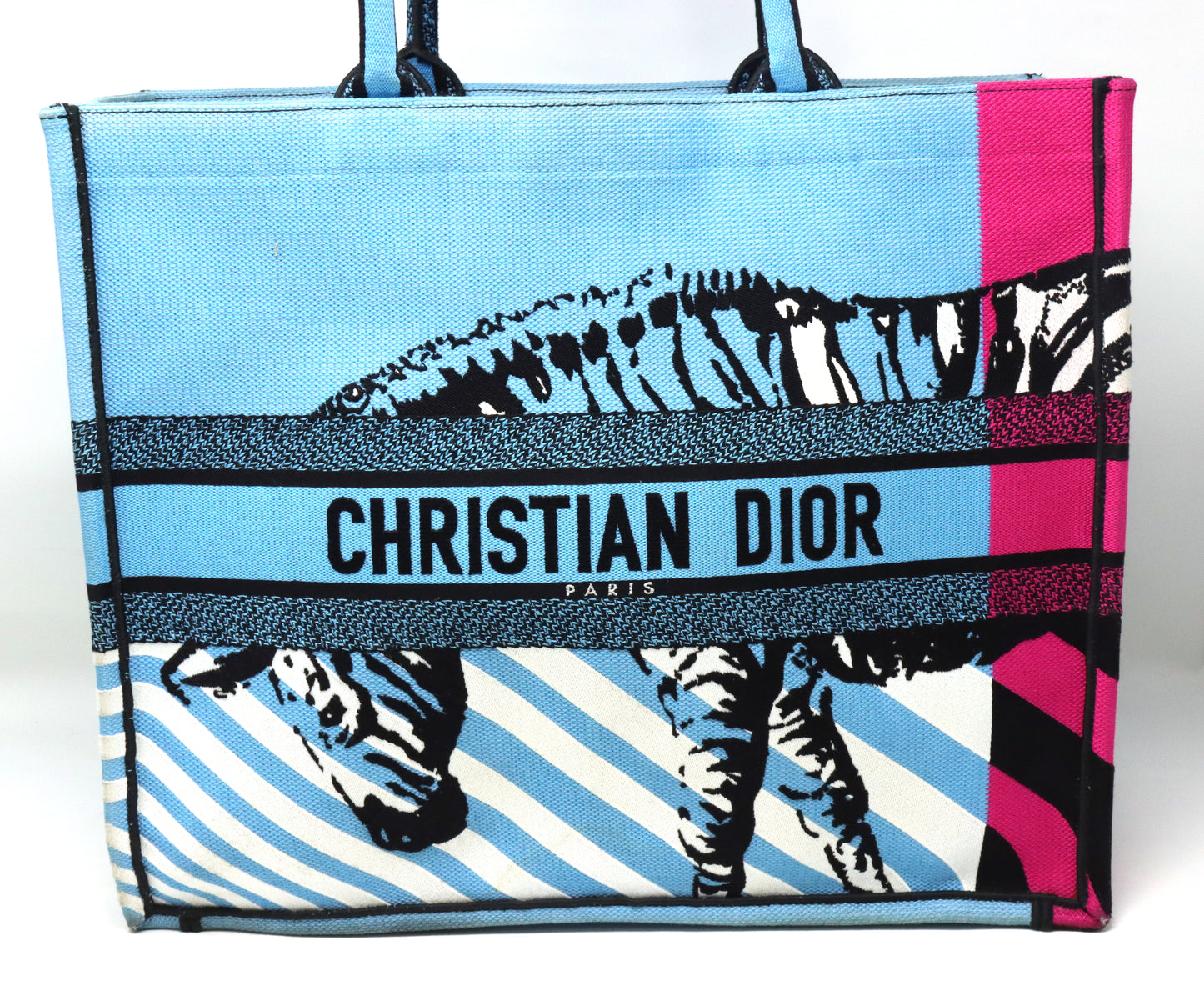 Christian Dior medium D jungle pop book tote blue canvas body bag with rolled top handles