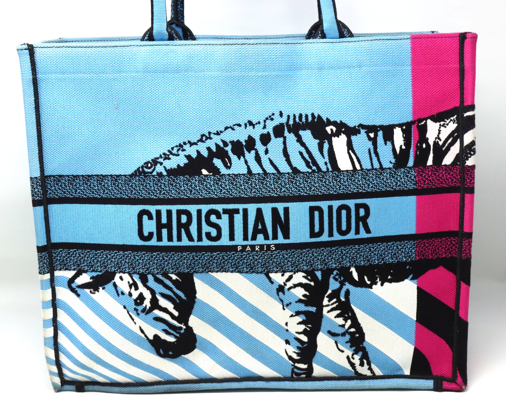 Christian Dior medium D jungle pop book tote blue canvas body bag with rolled top handles