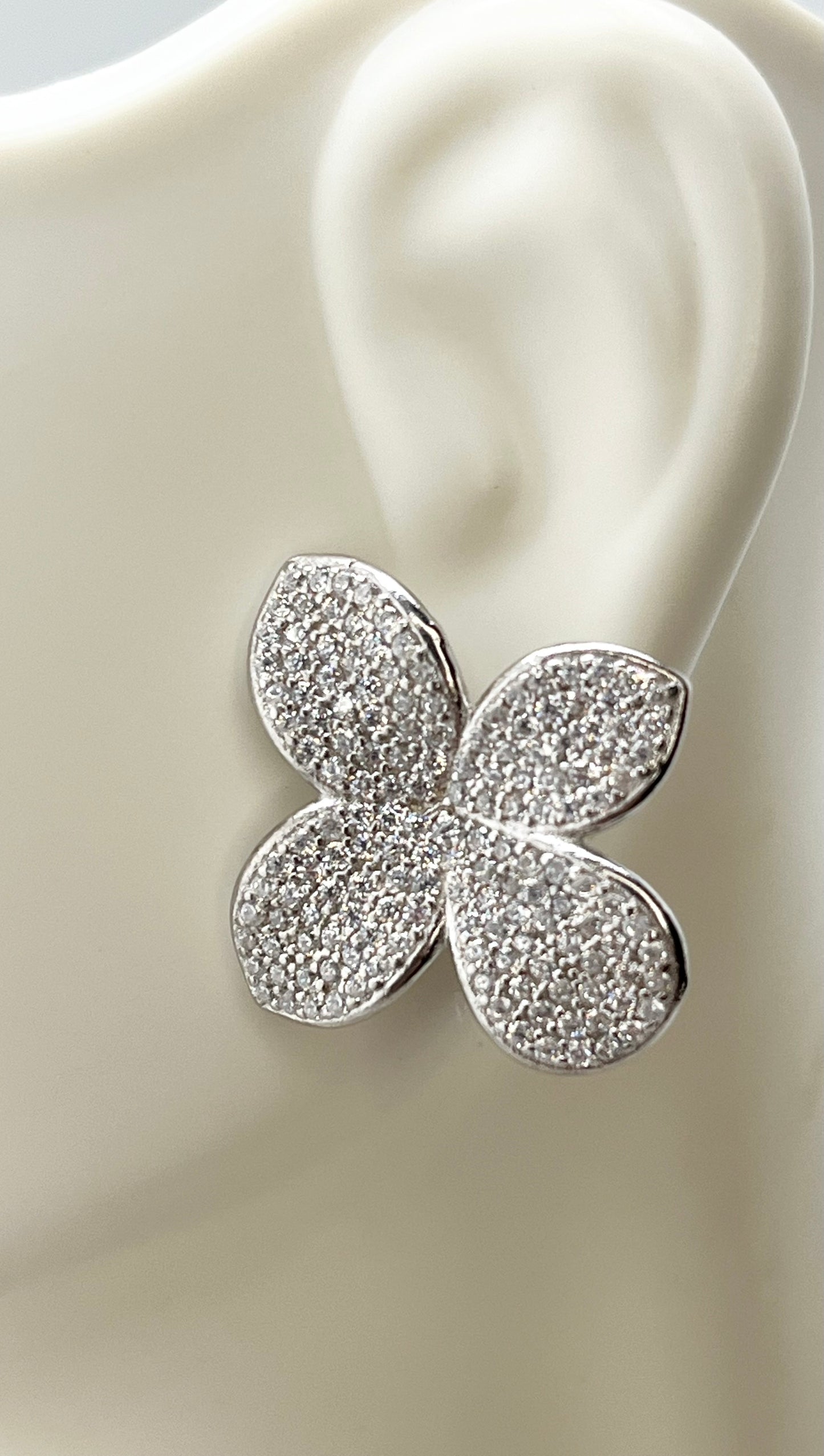 925 Sterling Silver Crystal Pave Four Petal Floral Motif Earrings
