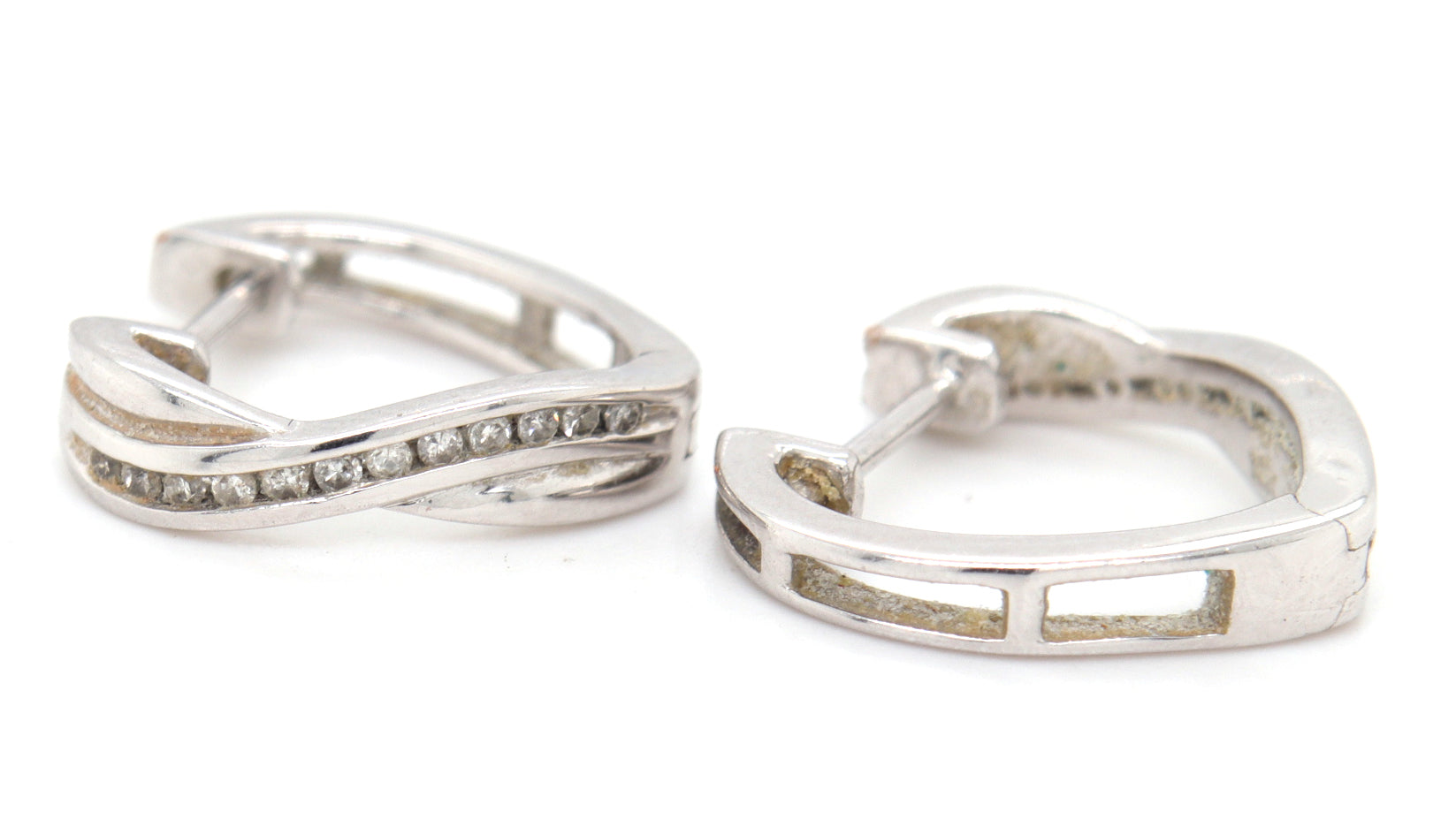 10kt White gold diamond crossover hoop earrings