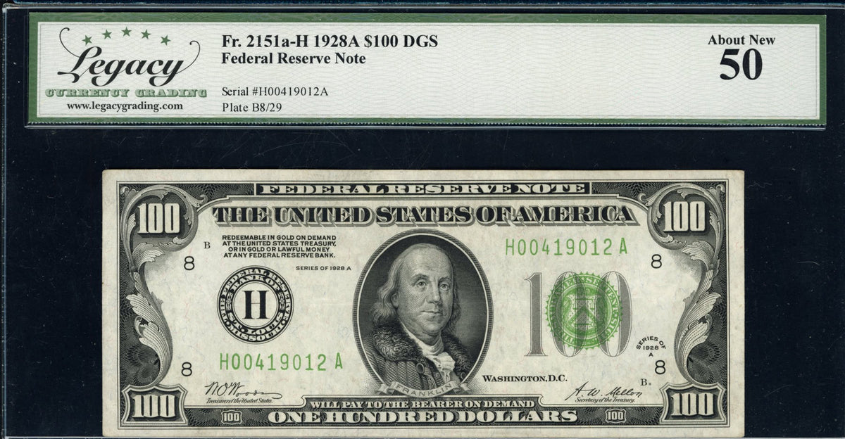 1928A $100 Federal Reserve Note, St. Louis, Fr. 2151a-H, Legacy AU 50